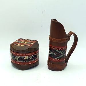 Round Wood Trinket Box Lid Brown Red Black And Jar Hand Painted Southwestern